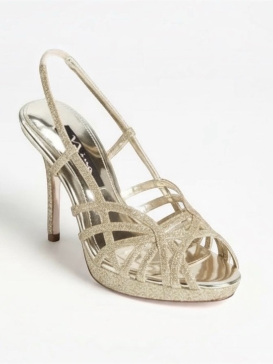 Nina Shoes - Nina Fonda Gold Glitter Strappy Platform Heels | Size 6 Slingback Dress Shoes